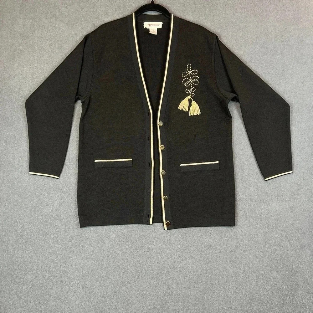 Talbots Women’s Black Wool long Sleeve Cardigan Sweater with Gold Trim